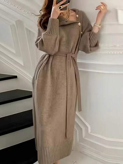 فستان نسائي طويل الأكمام بياقة عالية مع حزام الخصر