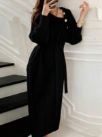 ⁦فستان نسائي طويل الأكمام بياقة عالية مع حزام الخصر⁩ - الصورة ⁦11⁩