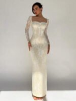 فستان سهرة طويل دانتيل بأكمام طويلة ورقبة مربعة