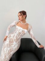 ⁦فستان سهرة طويل دانتيل بأكمام طويلة ورقبة مربعة⁩ - الصورة ⁦8⁩