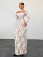 ⁦فستان سهرة طويل دانتيل بأكمام طويلة ورقبة مربعة⁩ - الصورة ⁦9⁩