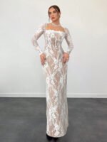 ⁦فستان سهرة طويل دانتيل بأكمام طويلة ورقبة مربعة⁩ - الصورة ⁦12⁩