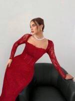 ⁦فستان سهرة طويل دانتيل بأكمام طويلة ورقبة مربعة⁩ - الصورة ⁦13⁩