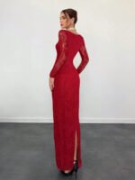 ⁦فستان سهرة طويل دانتيل بأكمام طويلة ورقبة مربعة⁩ - الصورة ⁦14⁩