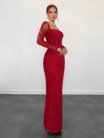 ⁦فستان سهرة طويل دانتيل بأكمام طويلة ورقبة مربعة⁩ - الصورة ⁦16⁩