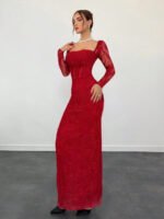 ⁦فستان سهرة طويل دانتيل بأكمام طويلة ورقبة مربعة⁩ - الصورة ⁦17⁩