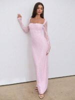 ⁦فستان سهرة طويل دانتيل بأكمام طويلة ورقبة مربعة⁩ - الصورة ⁦23⁩