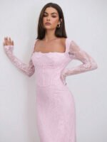 ⁦فستان سهرة طويل دانتيل بأكمام طويلة ورقبة مربعة⁩ - الصورة ⁦24⁩