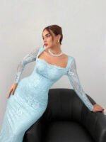 ⁦فستان سهرة طويل دانتيل بأكمام طويلة ورقبة مربعة⁩ - الصورة ⁦25⁩