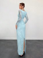 ⁦فستان سهرة طويل دانتيل بأكمام طويلة ورقبة مربعة⁩ - الصورة ⁦26⁩