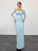 ⁦فستان سهرة طويل دانتيل بأكمام طويلة ورقبة مربعة⁩ - الصورة ⁦27⁩