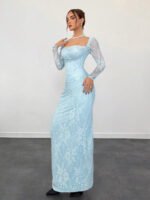 ⁦فستان سهرة طويل دانتيل بأكمام طويلة ورقبة مربعة⁩ - الصورة ⁦28⁩