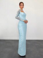 ⁦فستان سهرة طويل دانتيل بأكمام طويلة ورقبة مربعة⁩ - الصورة ⁦29⁩