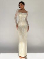 ⁦فستان سهرة طويل دانتيل بأكمام طويلة ورقبة مربعة⁩ - الصورة ⁦31⁩