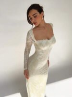 ⁦فستان سهرة طويل دانتيل بأكمام طويلة ورقبة مربعة⁩ - الصورة ⁦33⁩