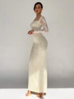 ⁦فستان سهرة طويل دانتيل بأكمام طويلة ورقبة مربعة⁩ - الصورة ⁦35⁩