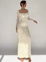 ⁦فستان سهرة طويل دانتيل بأكمام طويلة ورقبة مربعة⁩ - الصورة ⁦36⁩