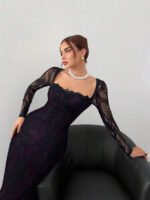 ⁦فستان سهرة طويل دانتيل بأكمام طويلة ورقبة مربعة⁩ - الصورة ⁦37⁩