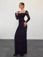 ⁦فستان سهرة طويل دانتيل بأكمام طويلة ورقبة مربعة⁩ - الصورة ⁦40⁩