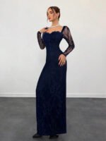 ⁦فستان سهرة طويل دانتيل بأكمام طويلة ورقبة مربعة⁩ - الصورة ⁦45⁩