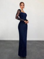 ⁦فستان سهرة طويل دانتيل بأكمام طويلة ورقبة مربعة⁩ - الصورة ⁦47⁩