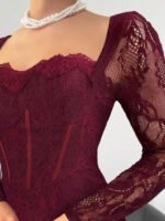 ⁦فستان سهرة طويل دانتيل بأكمام طويلة ورقبة مربعة⁩ - الصورة ⁦54⁩