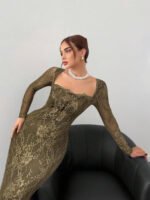 ⁦فستان سهرة طويل دانتيل بأكمام طويلة ورقبة مربعة⁩ - الصورة ⁦55⁩