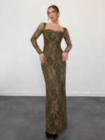 ⁦فستان سهرة طويل دانتيل بأكمام طويلة ورقبة مربعة⁩ - الصورة ⁦57⁩