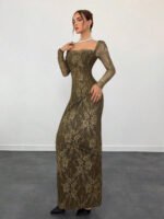 ⁦فستان سهرة طويل دانتيل بأكمام طويلة ورقبة مربعة⁩ - الصورة ⁦58⁩