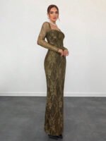 ⁦فستان سهرة طويل دانتيل بأكمام طويلة ورقبة مربعة⁩ - الصورة ⁦59⁩