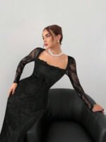 ⁦فستان سهرة طويل دانتيل بأكمام طويلة ورقبة مربعة⁩ - الصورة ⁦61⁩