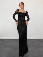 ⁦فستان سهرة طويل دانتيل بأكمام طويلة ورقبة مربعة⁩ - الصورة ⁦63⁩