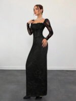 ⁦فستان سهرة طويل دانتيل بأكمام طويلة ورقبة مربعة⁩ - الصورة ⁦64⁩