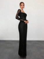 ⁦فستان سهرة طويل دانتيل بأكمام طويلة ورقبة مربعة⁩ - الصورة ⁦65⁩