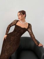 ⁦فستان سهرة طويل دانتيل بأكمام طويلة ورقبة مربعة⁩ - الصورة ⁦67⁩