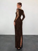 ⁦فستان سهرة طويل دانتيل بأكمام طويلة ورقبة مربعة⁩ - الصورة ⁦68⁩