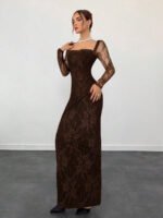 ⁦فستان سهرة طويل دانتيل بأكمام طويلة ورقبة مربعة⁩ - الصورة ⁦70⁩