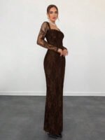 ⁦فستان سهرة طويل دانتيل بأكمام طويلة ورقبة مربعة⁩ - الصورة ⁦71⁩