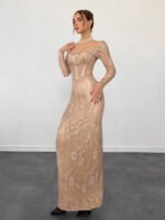 ⁦فستان سهرة طويل دانتيل بأكمام طويلة ورقبة مربعة⁩ - الصورة ⁦76⁩