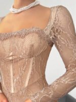 ⁦فستان سهرة طويل دانتيل بأكمام طويلة ورقبة مربعة⁩ - الصورة ⁦78⁩