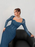 ⁦فستان سهرة طويل دانتيل بأكمام طويلة ورقبة مربعة⁩ - الصورة ⁦79⁩