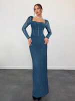 ⁦فستان سهرة طويل دانتيل بأكمام طويلة ورقبة مربعة⁩ - الصورة ⁦81⁩