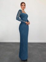 ⁦فستان سهرة طويل دانتيل بأكمام طويلة ورقبة مربعة⁩ - الصورة ⁦83⁩