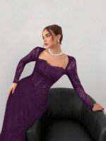 ⁦فستان سهرة طويل دانتيل بأكمام طويلة ورقبة مربعة⁩ - الصورة ⁦85⁩