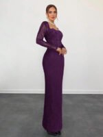 ⁦فستان سهرة طويل دانتيل بأكمام طويلة ورقبة مربعة⁩ - الصورة ⁦89⁩