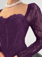 ⁦فستان سهرة طويل دانتيل بأكمام طويلة ورقبة مربعة⁩ - الصورة ⁦90⁩