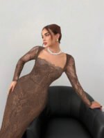 ⁦فستان سهرة طويل دانتيل بأكمام طويلة ورقبة مربعة⁩ - الصورة ⁦98⁩