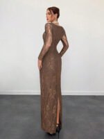 ⁦فستان سهرة طويل دانتيل بأكمام طويلة ورقبة مربعة⁩ - الصورة ⁦99⁩