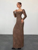 ⁦فستان سهرة طويل دانتيل بأكمام طويلة ورقبة مربعة⁩ - الصورة ⁦100⁩