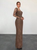 ⁦فستان سهرة طويل دانتيل بأكمام طويلة ورقبة مربعة⁩ - الصورة ⁦101⁩